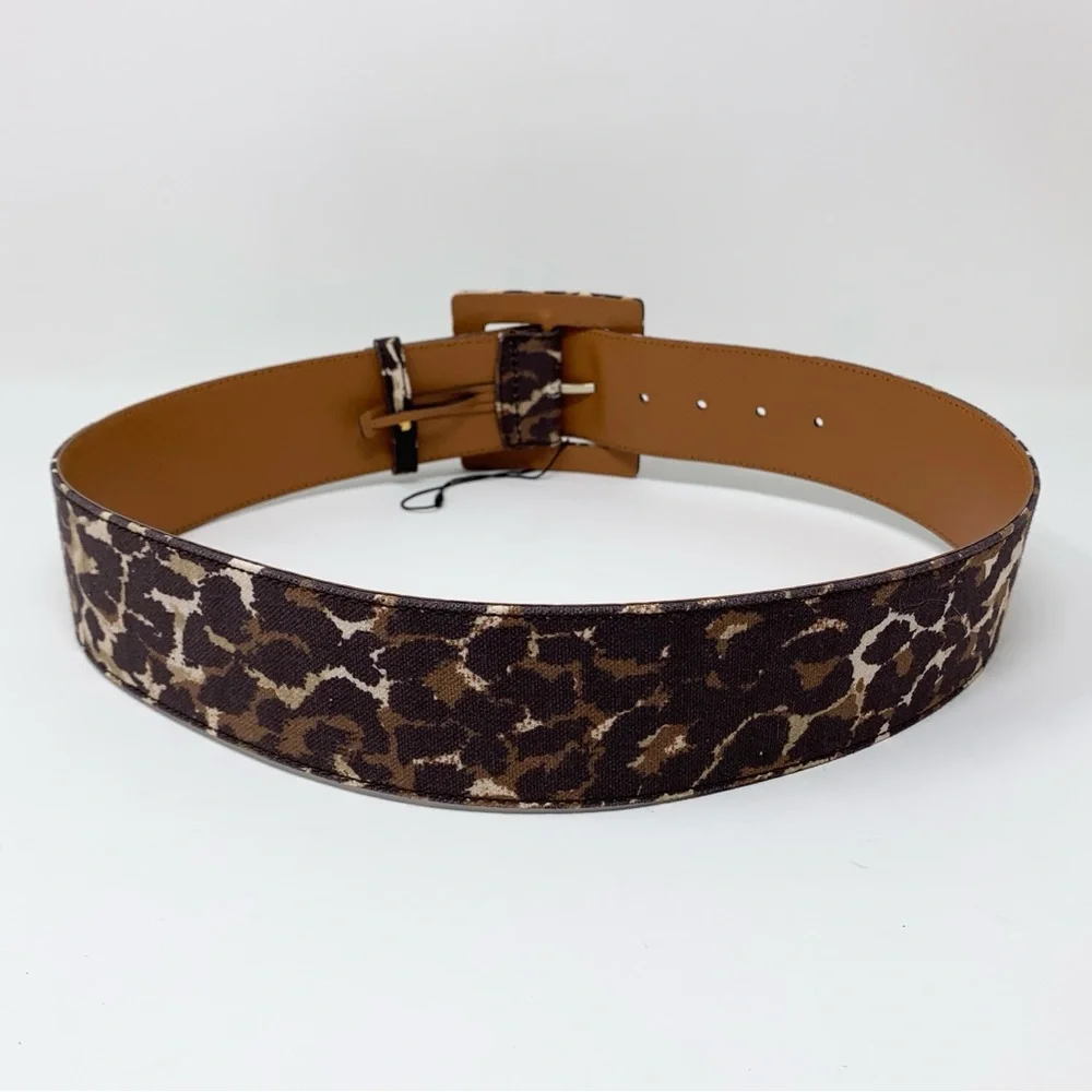 Veronica Beard Rickie Belt (Sz M) Wide Canvas Leather Leopard Print Brown Multi